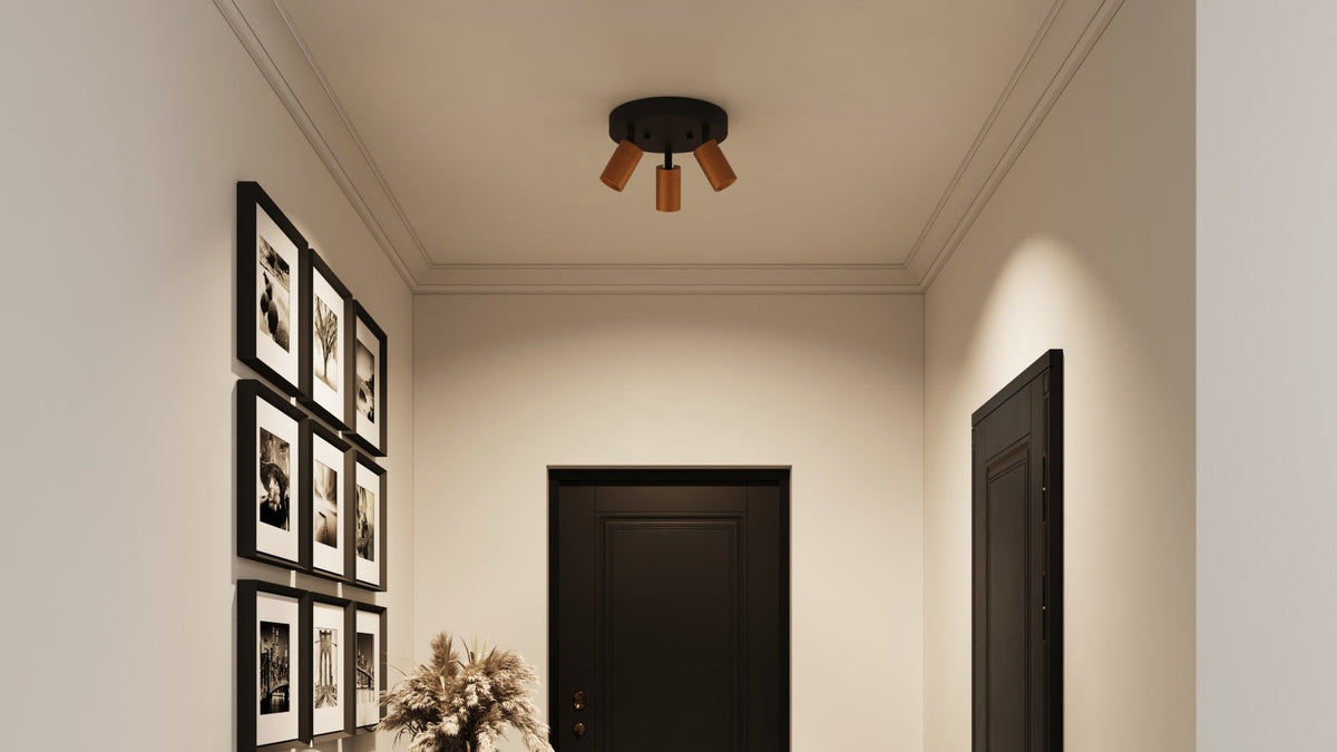 Lit three head flush mount on the ceiling of a narrow entry hallway with a black framed gallery wall