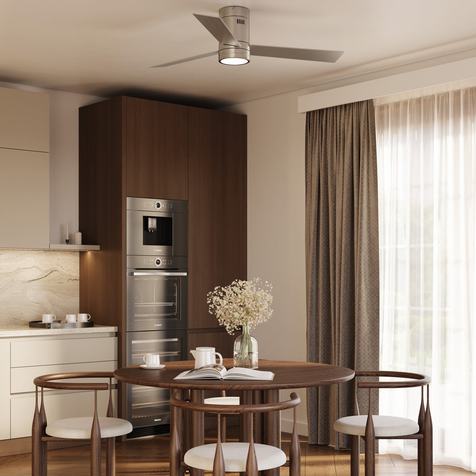 A warm kitchen and dining room lit by Vidalite