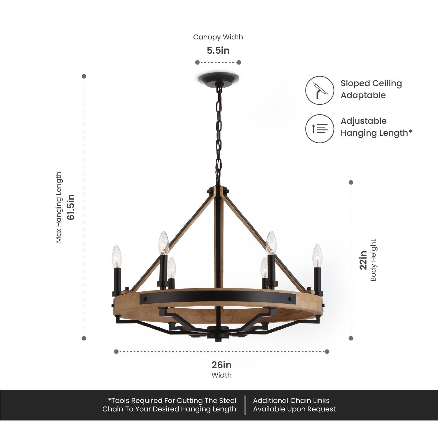 Dimension drawing of the VidaLite Savannah 6 Light Chandelier showing 26 inch width, 22 inch body height, 5.5 inch canopy diameter, and an adjustable hanging length