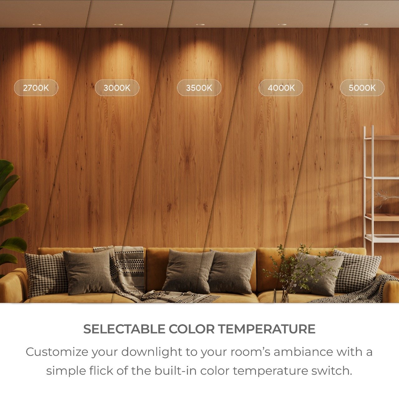 The same downlight shown at 2700K, 3000K, 3500K, 4000K and 5000K color temperatures washing a wood wall, from warm amber to crisp white