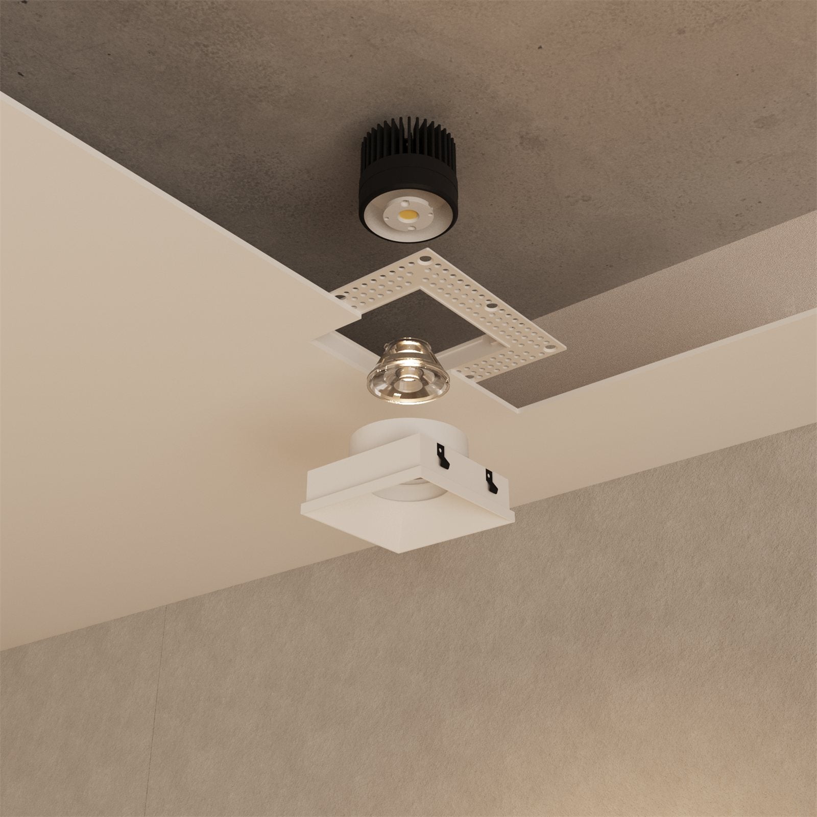 Exploded view of a Libra recessed downlight showing the LED module, mud flange, reflector lens, and square trim separating apart at a ceiling
